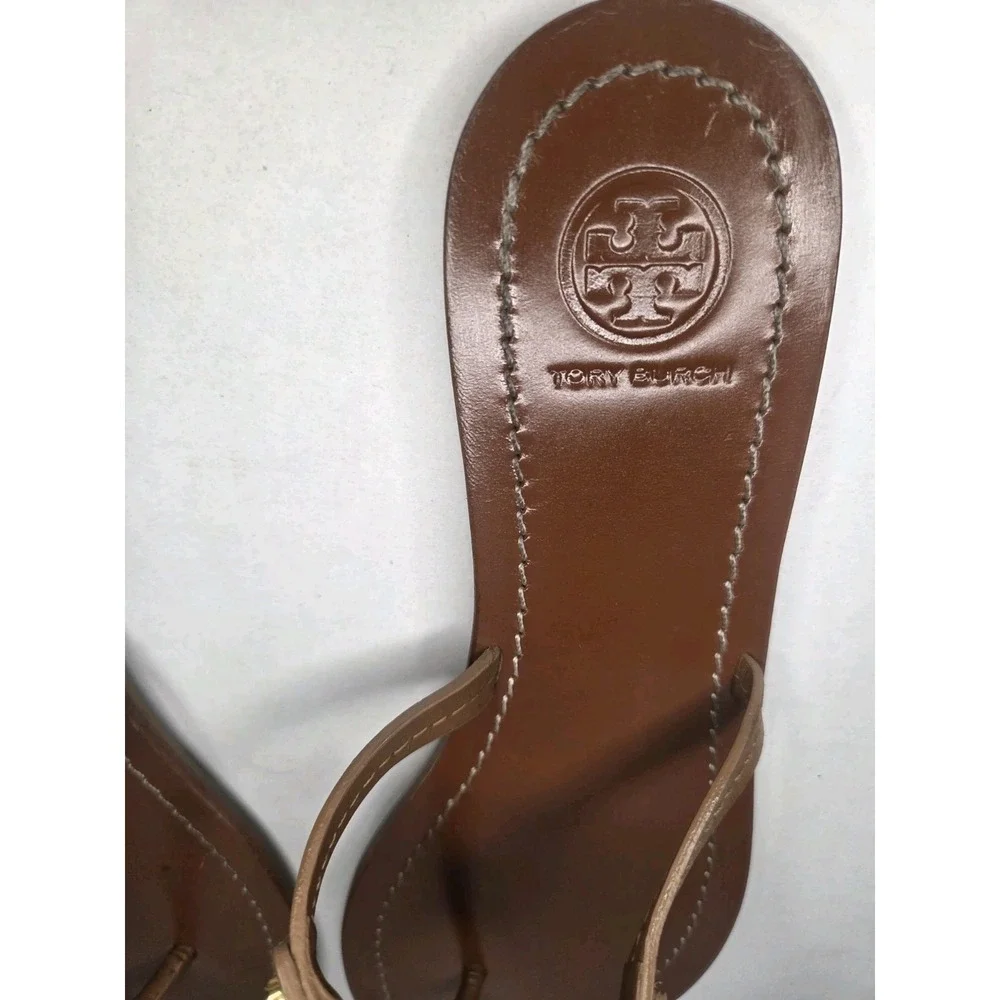 Tory Burch Miller Leather Thong Sandals Tan Brown Double T Logo Flat Women's 7.5